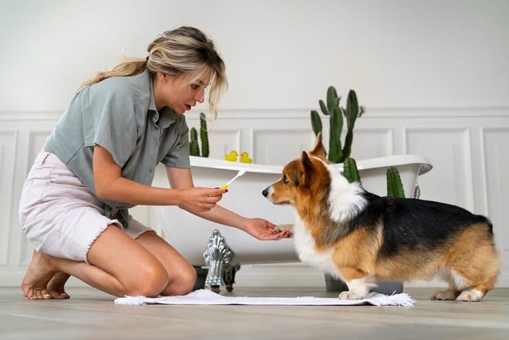 Senior dog receiving home care visit